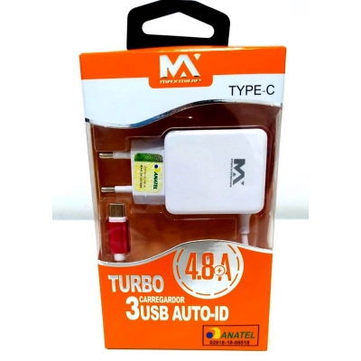 CARREGADOR CELULAR TIPO C TURBO 4,8A 3 USB