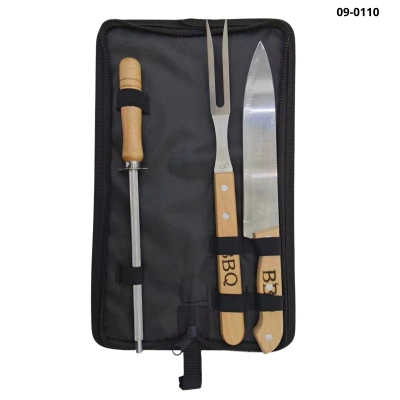 KIT CHURRASCO (FACA + GARFO + CHAIRA CB/MADEIRA NO ESTOJO