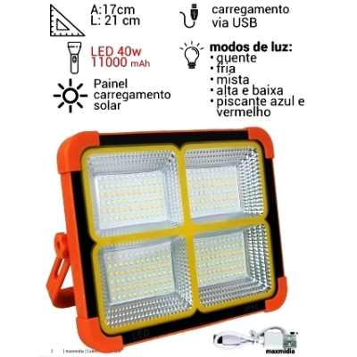 REFLETOR DE LED RECAR. USB E SOLAR 40W