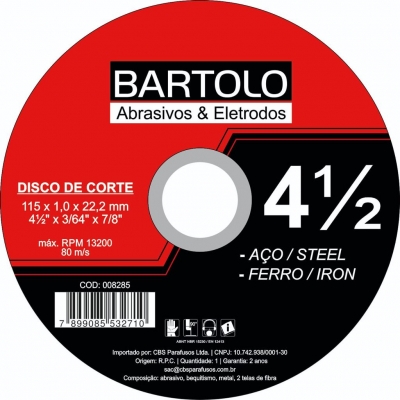 DISCO DE CORTE AÇO/INOX 115X1,00X22MM BARTOLO