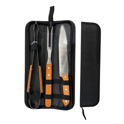 KIT CHURRASCO (FACA + GARFO + PEGADOR CB/MADEIRA C/ESTOJO
