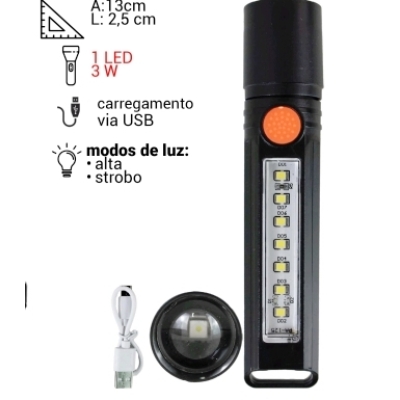 LANTERNA TATICA 3W C/ZOOM + 7 LEDS LATERAL